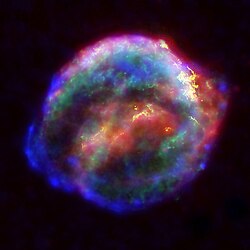 A composite multi-wavelength image of Kepler's supernova remnant, an expanding shell of glowing gas and dust.