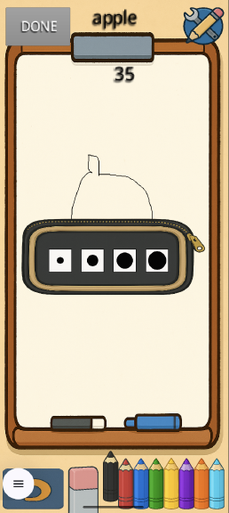 DrawGuess drawing phase: a clipboard-style canvas with the player's secret word 'apple' shown at the top, a 45-second countdown, a partial sketch of an apple, an eraser and pencil tool, and an eight-colour palette along the bottom edge.