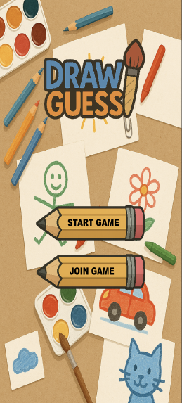 DrawGuess home screen, with two crayon-styled buttons labelled START GAME and JOIN GAME over a hand-drawn background of doodles, crayons, and watercolour pans.
