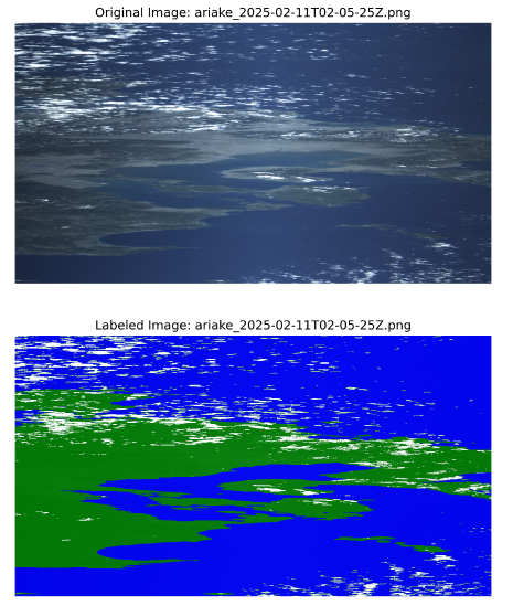 Top: original HYPSO-2 ocean scene over Ariake on 2025-02-11, showing predominantly dark open water with thin streaks of cloud and a small landmass. Bottom: the corresponding ENVI-generated label image with the same regions, where sea is coloured blue, land green, and cloud white. Several stretches of open water adjacent to cloud streaks have been labelled green (land) rather than blue (sea).
