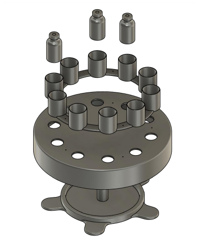 Exploded CAD view of the rotating unopened-vial rack, showing the stationary base, the rotating upper wheel with twelve vial slots, the vial holder ring, and the central shaft.
